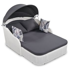 79.9" Outdoor Sunbed with Adjustable Canopy; Double lounge; PE Rattan Daybed; White Wicker; Gray Cushion