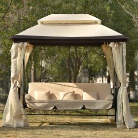 [VIDEO provided] 8.9 Ft. W x 5.9 Ft. D Outdoor Gazebo with Convertible Swing Bench; Double Roof Soft Canopy Garden Backyard Gazebo with Mosquito Netti (Color: khaki)